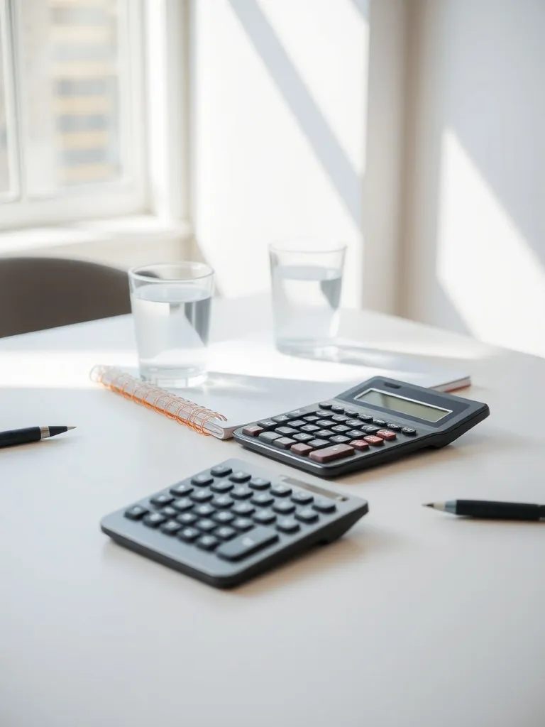 A professional office desk with a calculator, notebook, and